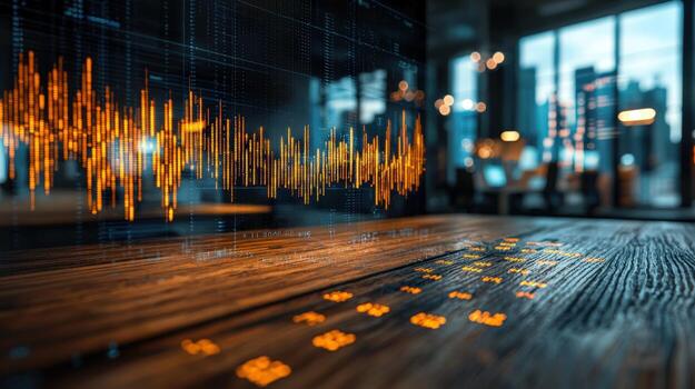 Financial data analysis in a modern office with digital stock market graphs photo