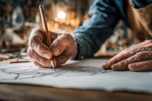 Experienced craftsman sketching detailed plans with precision on paper in a warm workshop setting filled with creative tools and ambient lighting photo