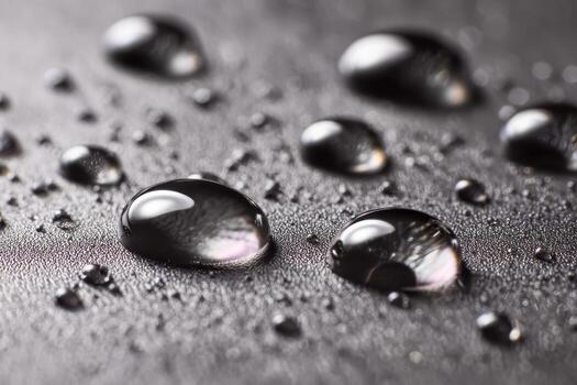 Shiny spherical water droplets scattered on a textured dark surface creating reflective highlights and emphasizing the beauty of simple natural elements in a close-up vie photo