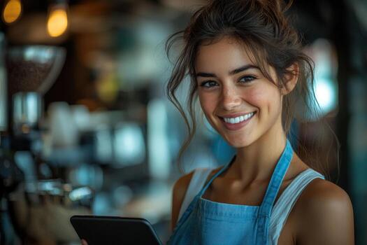 A smiling woman holding a tablet computer photo