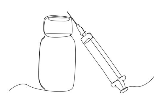 Continuous one line art of medicine set with syringe and vial, Pharmaceutical components and vaccine symbol in a simple linear style. vector