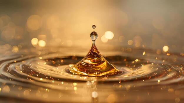 Golden water droplet creating ripples and shimmering reflections on a calm surface with a warm bokeh background sparkle effect in soft focus lighting photo