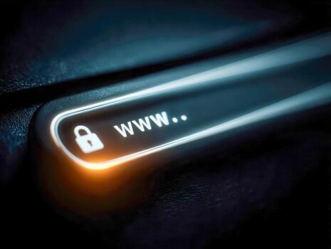 Illuminated secure web address bar glowing with padlock symbol indicating safe internet browsing and online security in digital technology context photo