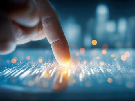 humano dedo interactuando con un brillante digital interfaz lleno con ligero partículas y datos visualización en un futurista toque pantalla en un tecnología ambiente foto