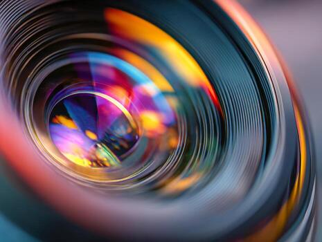 Vibrant reflections and intricate details inside a camera lens capturing colorful light patterns with sharp focus on optical elements and concentric rings photo