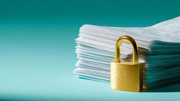 A large stack of white documents secured with a golden padlock symbolizing data protection and confidential information security on a teal background photo