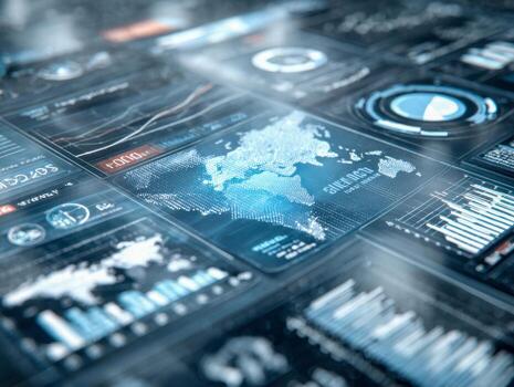 Advanced digital data visualization interface displaying global analytics, charts, and metrics in a futuristic high-tech environment for real-time insights and decision-making photo