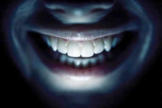 Mysterious glowing smile in the dark with illuminated teeth creating an eerie and captivating facial expression close-up photograph photo