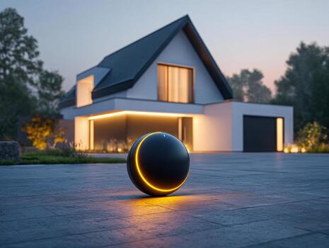 Futuristic glowing spherical robot with illuminated stripes standing on modern driveway in front of elegant contemporary house during dusk with soft ambient lighting photo