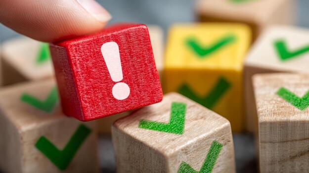 A hand picking a red wooden block with an exclamation mark from a scattered group of natural and yellow blocks featuring green check marks symbolizing decision making and photo