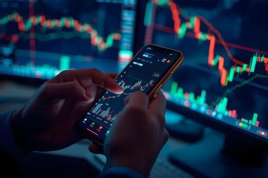 A person's hands holding a smartphone displaying stock market data, with multiple monitors in the background. photo