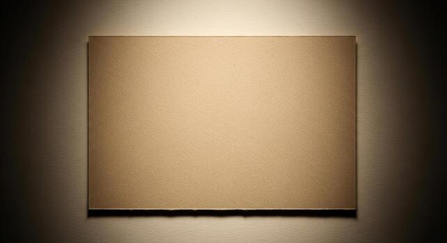 Textured Blank Brown Paper or Cardboard Rectangle Illuminated by Spotlight on a Dark Background photo