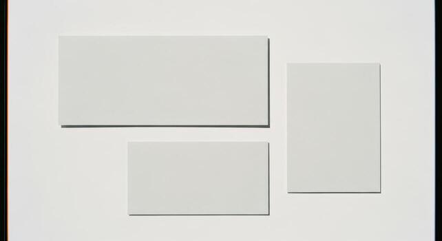 Abstract Arrangement of Three Textured Light Grey Rectangular Panels Casting Shadows on a Pure White Surface photo