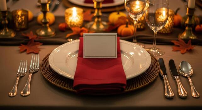 Elegant Autumn Place Setting with Warm Candlelight and Fall Decorations for a Festive Dinner photo