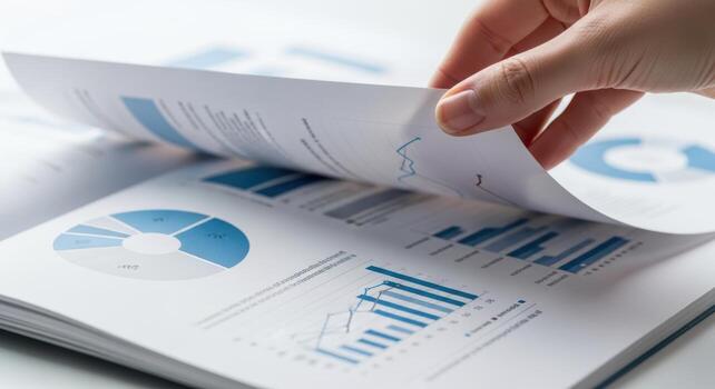 Close up of a Hand Flipping Through Pages of a Business Report with Financial Data Charts photo