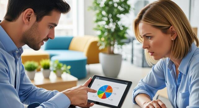 Engaged Business Professionals Analyze a Colorful Pie Chart on a Digital Tablet photo