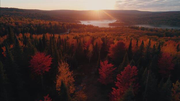 Aerial View of Colorful Autumn Forest with Gold Aspens and Sunrise over Lake photo
