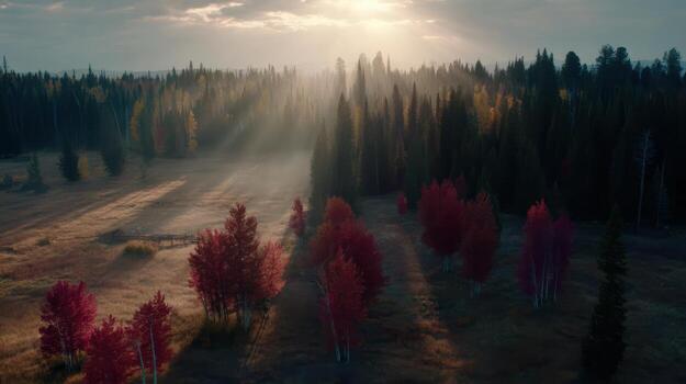 Aerial View of a Forest with Golden Aspens Merging into Dense Evergreen Trees at Sunset photo