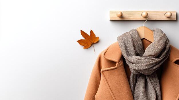 Minimalist Wall Scene Featuring a Wooden Peg Rack, Camel Wool Coat, and Autumn Leaf photo