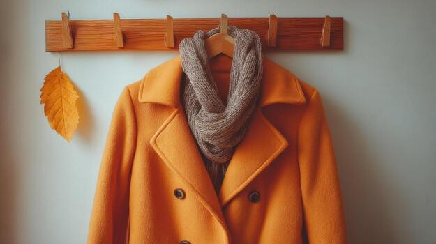Minimal Wall Scene Featuring a Wooden Peg Rack with Camel Wool Coat and Gray Scarf photo