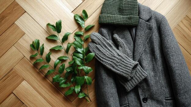 Flat Lay Display of Tailored Patterned Coat, Knitted Gloves, and Green Plant on Wooden Floor photo