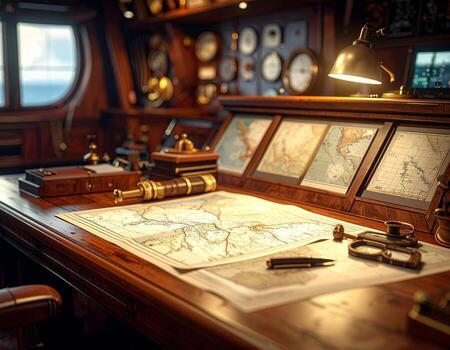 Classic Ship Bridge with Navigation Maps and Instruments photo