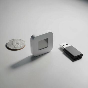 Comparison of a small usb flash drive a coin and a white rectangular object on a plain background photo
