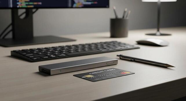 A computer with a keyboard, mouse and credit card photo