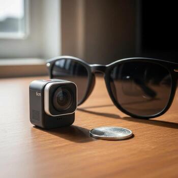 Action camera and sunglasses resting on a wooden surface ready for outdoor adventure and recording memories photo