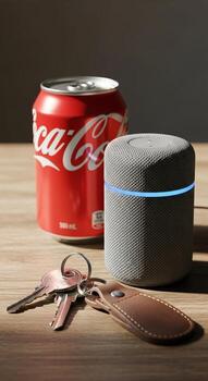 Compact portable speaker shown next to a coca cola can and keys on a wooden surface photo