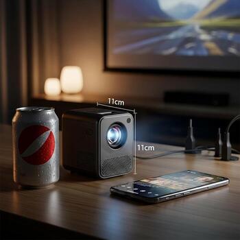 Mini projector with built-in wifi, bluetooth, and a built-in speaker photo