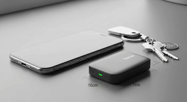 Compact portable power bank and smartphone lie next to a set of keys on a neutral surface photo
