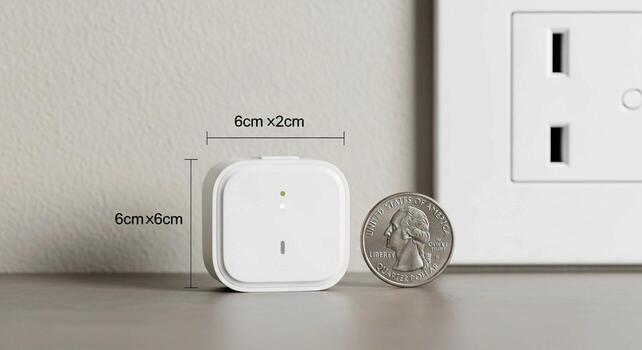 Compact white smart home sensor shown next to a coin for scale demonstrating its small size and portability photo