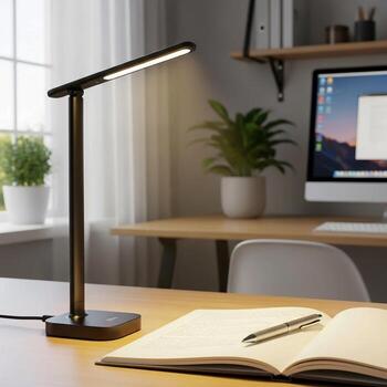 A desk lamp is on a desk in front of a computer photo