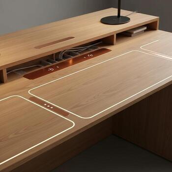 A desk with a computer and a lamp on it photo