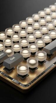 Close up of a mechanical keyboard with illuminated translucent keycaps and exposed switches on a metallic chassis photo