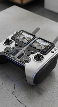 Advanced dual screen drone remote controller with joysticks and smartphone integration for aerial photography and videography photo