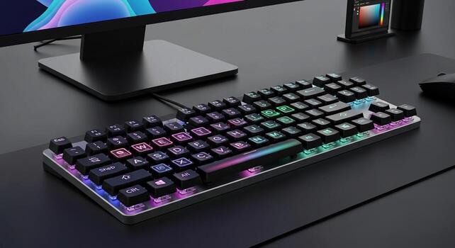 A computer keyboard with colorful keys on a desk photo
