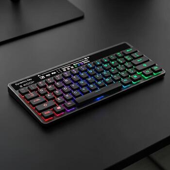 Modern wireless mechanical keyboard with vibrant rgb backlighting displayed on a dark textured surface photo