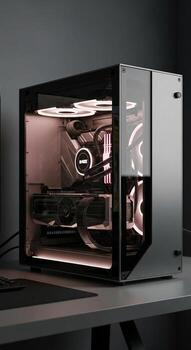 A computer case with a keyboard and mouse on a desk photo