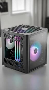 A computer case with three fans and a keyboard photo