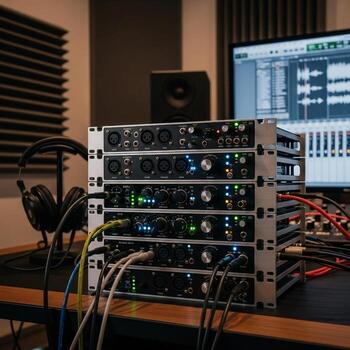 Professional audio interface rackmount gear and computer monitor displaying digital audio workstation software in a recording studio setting photo
