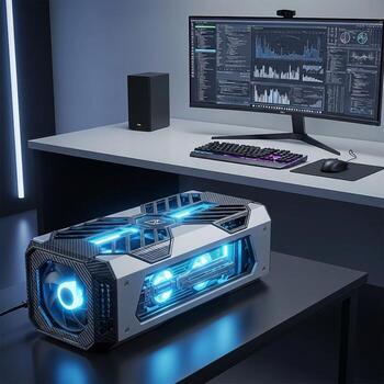 A computer with a gaming computer on top of it photo