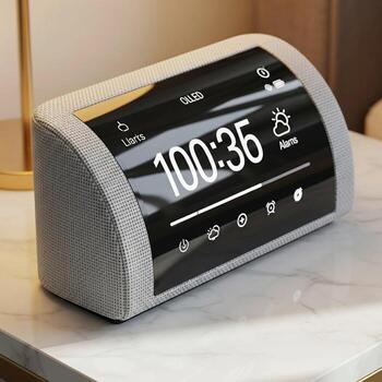Modern digital alarm clock with a curved touchscreen displaying time weather and icons on a bedside table photo