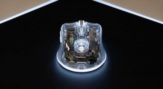 Illuminated transparent gaming mouse with visible internal components on a dark surface photo