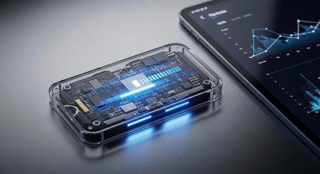 Transparently cased single board computer with glowing blue leds next to a smartphone displaying financial data photo