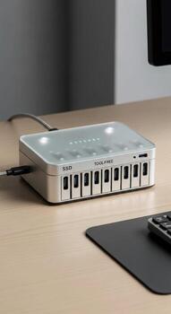 Compact silver electronic device with multiple input output ports and illuminated indicators on a desk surface photo
