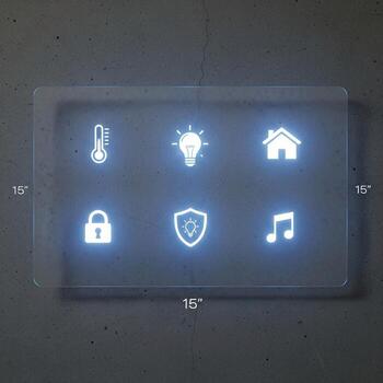 Modern smart home control panel displaying illuminated icons for various household functions on a dark background photo