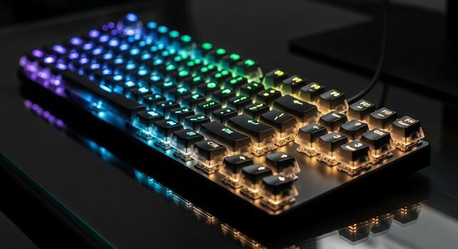 A mechanical keyboard illuminated with vibrant rgb lighting showcasing a spectrum of colors on a dark reflective surface photo