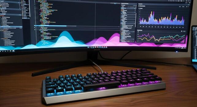 Modern computer setup featuring a curved monitor displaying financial data and a mechanical keyboard with rgb lighting photo